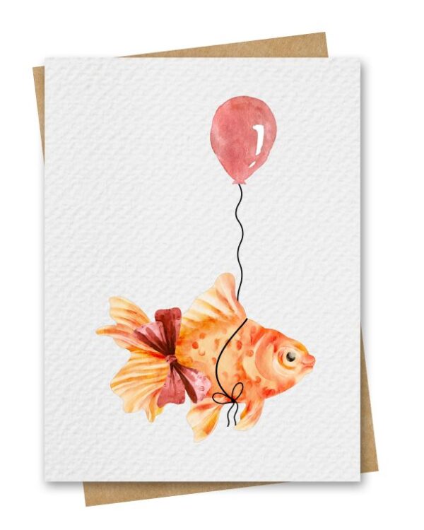 Watercolour Goldfish With Red Balloon Birthday Card