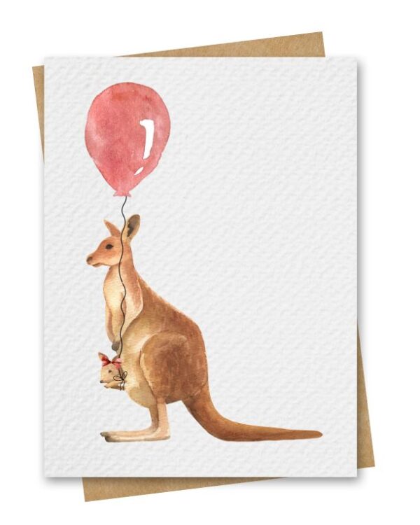 Watercolour Kangaroo and Joey With Red Balloon Birthday Card