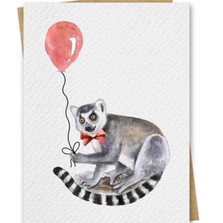 Watercolour Lemur With Red Balloon Birthday Card