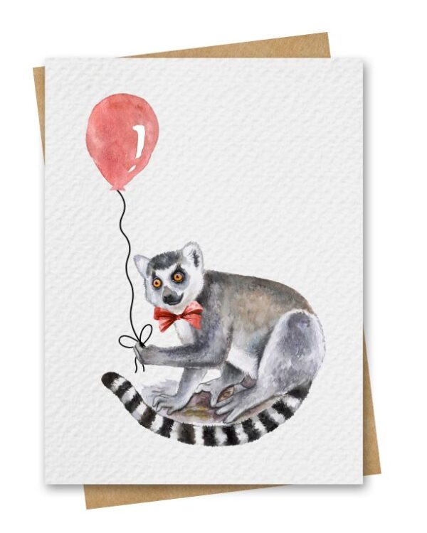 Watercolour Lemur With Red Balloon Birthday Card