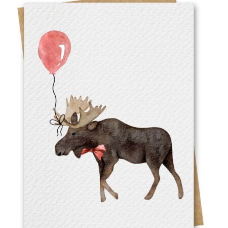Watercolour Moose With Red Balloon Birthday Card