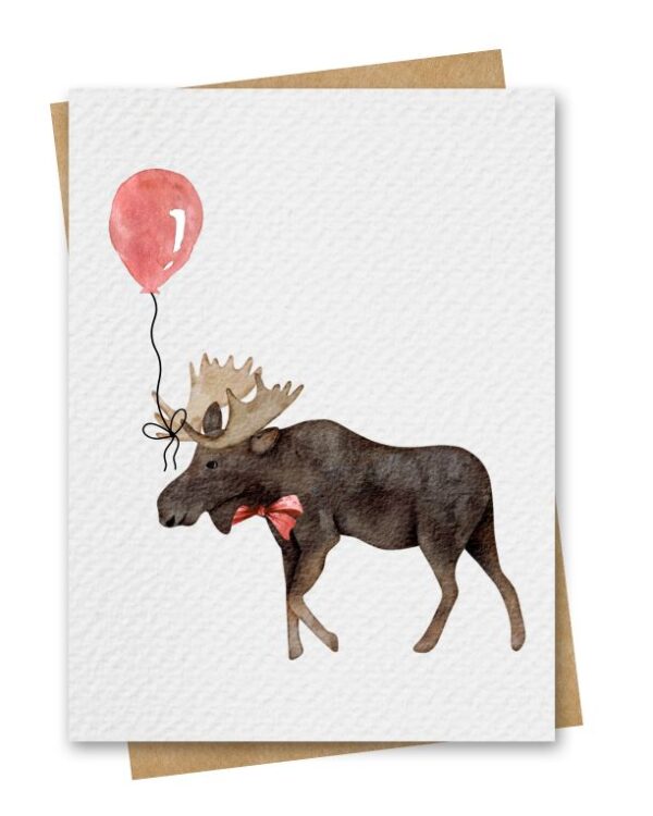 Watercolour Moose With Red Balloon Birthday Card