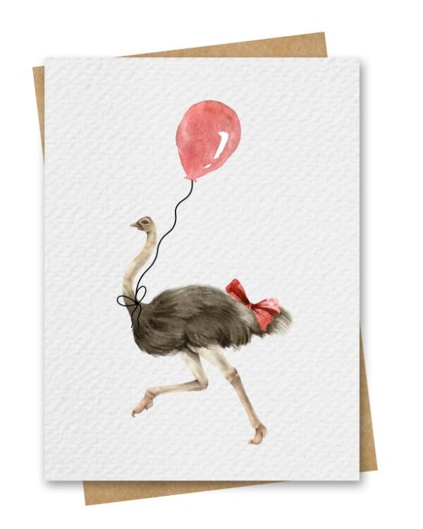 Watercolour Ostrich With Red Balloon Birthday Card