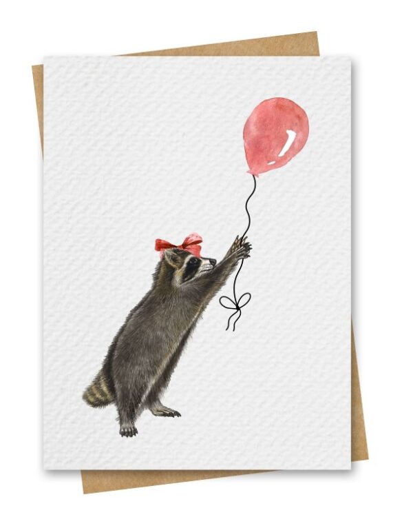 Watercolour Raccoon With Red Balloon Birthday Card