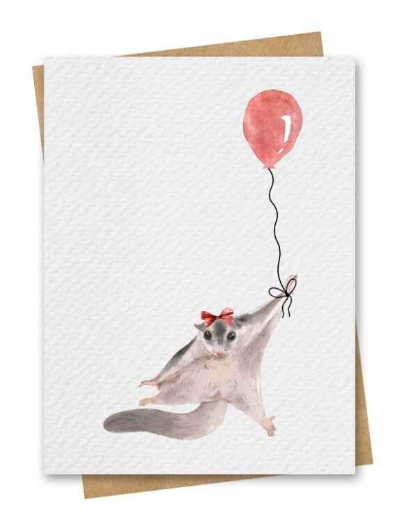 Watercolour Sugar Glider With Red Balloon Birthday Card