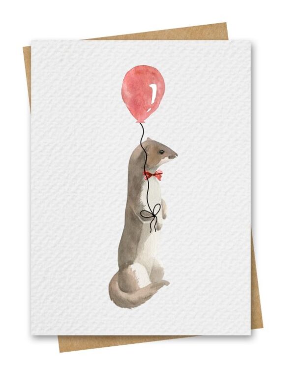 Watercolour Weasel With Red Balloon Birthday Card