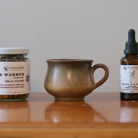 Milky Oat Tincture and Winter Warmer Tea Blend made by Flourish Apothecary of Victoria, BC