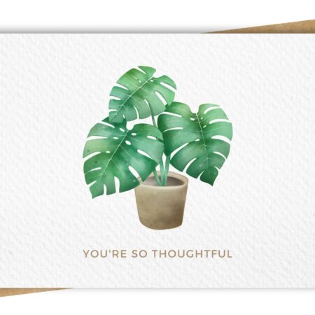 Thank you greeting card featuring a watercolour Monstera potted plant