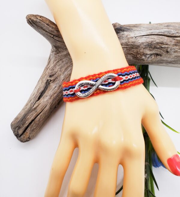 Handmade Metis Sash Bracelet with Silver Infinity Symbol - Adjustable Alpaca Wool, Red Aboriginal Design