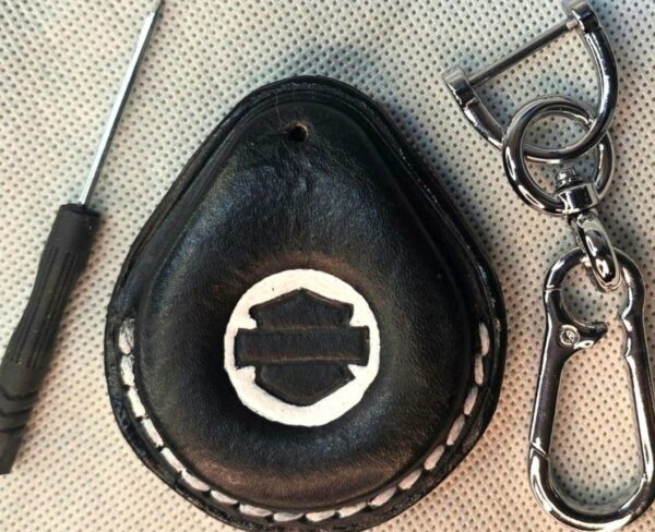 Black and white Premium Leather Harley Davidson Key Fob Case with white stitching