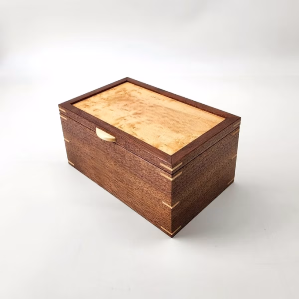 Walnut and Birdseye Maple Keepsake Box with removable trays and ring holder 8"L x 5"W x 4"H