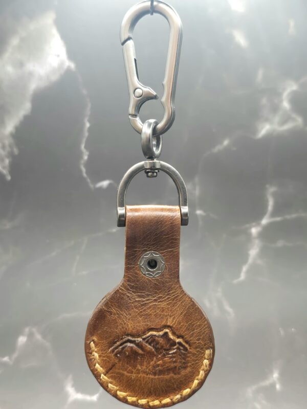 Brown Apple Air Tag Holder with Mountain Scene Handcrafted from Premium Quality Veg-Tanned Leather
