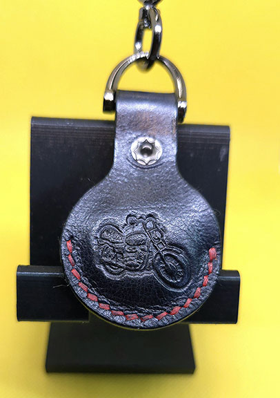 Apple AirTag Holder with Debossed Motorcycle and Red Stitching Handcrafted from Premium Quality Veg-Tanned Leather