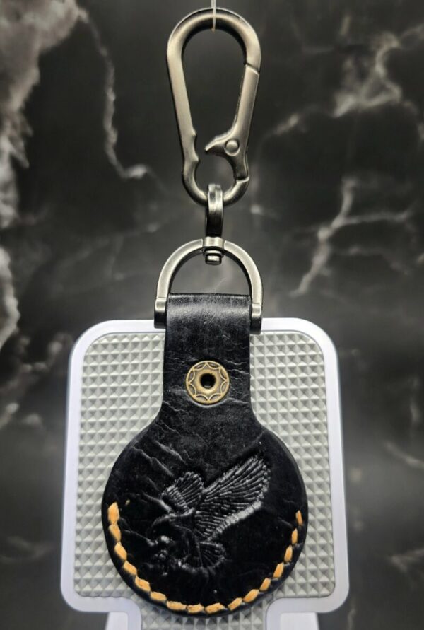 Apple AirTag Holder with Debossed Eagle and Orange Stitching Handcrafted from Premium Quality Veg-Tanned Leather