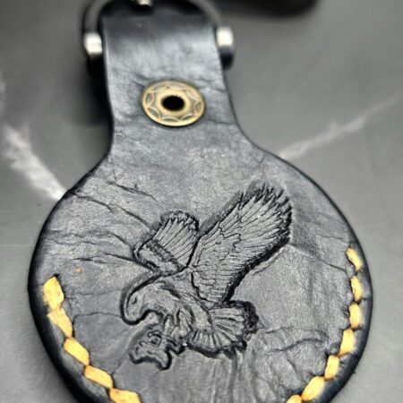 Apple AirTag Holder with Debossed Eagle and Orange Stitching Handcrafted from Premium Quality Veg-Tanned Leather