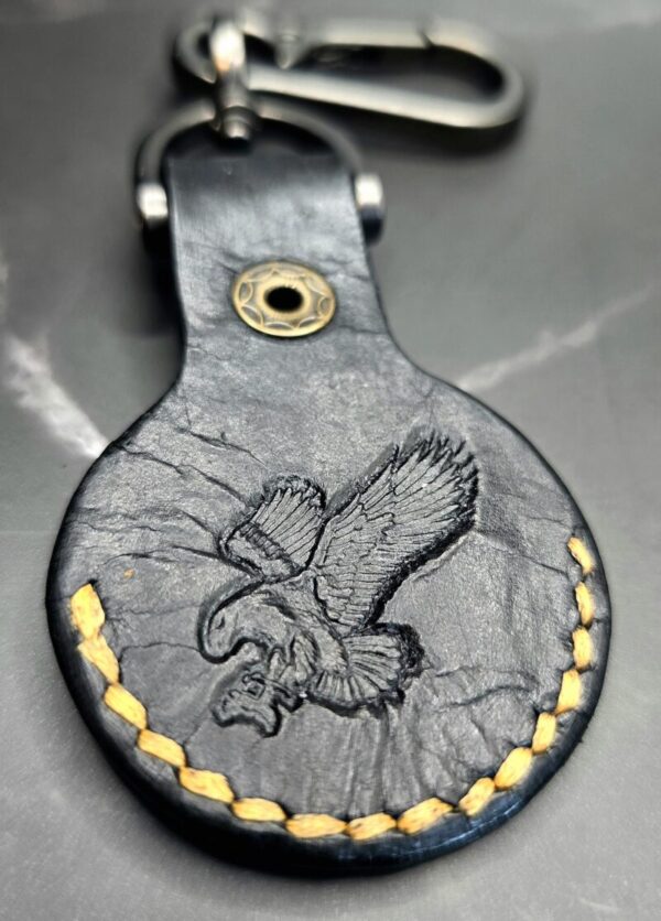 Apple AirTag Holder with Debossed Eagle and Orange Stitching Handcrafted from Premium Quality Veg-Tanned Leather