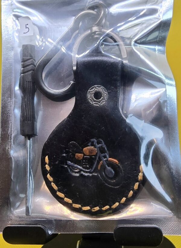 Apple AirTag Holder with Orange Motorcycle and stitching Handcrafted from Premium Quality Veg-Tanned Leather