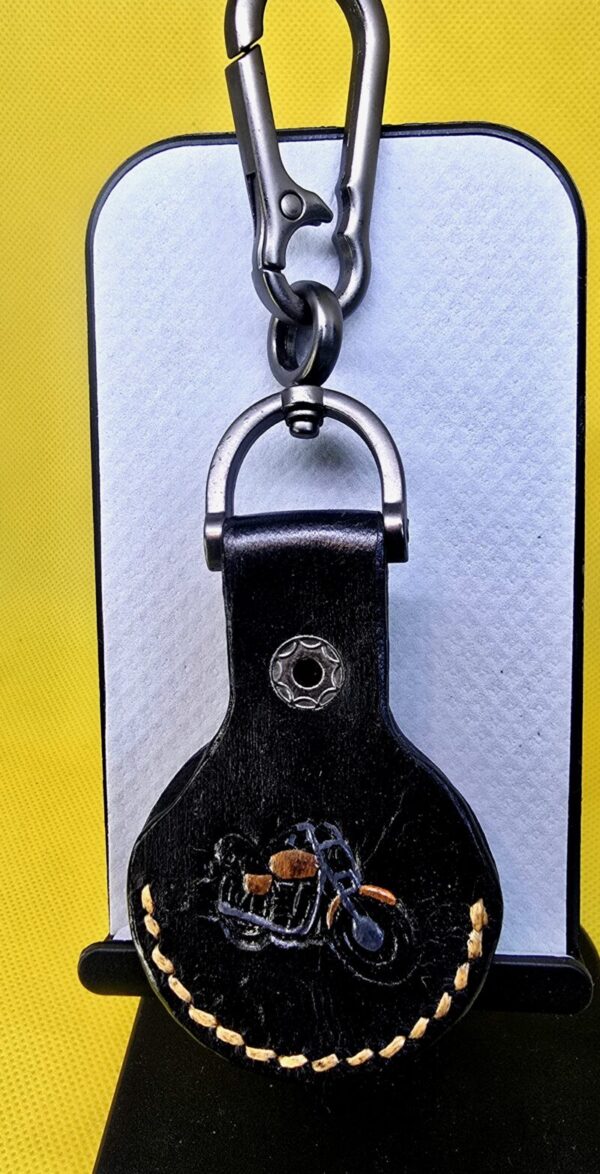 Apple AirTag Holder with Orange Motorcycle and stitching Handcrafted from Premium Quality Veg-Tanned Leather