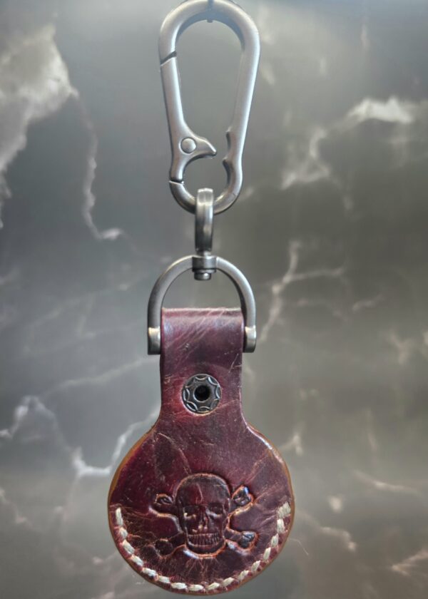 Burgundy-Brown Apple Air Tag Holder with Mountain Scene Handcrafted from Premium Quality Veg-Tanned Leather