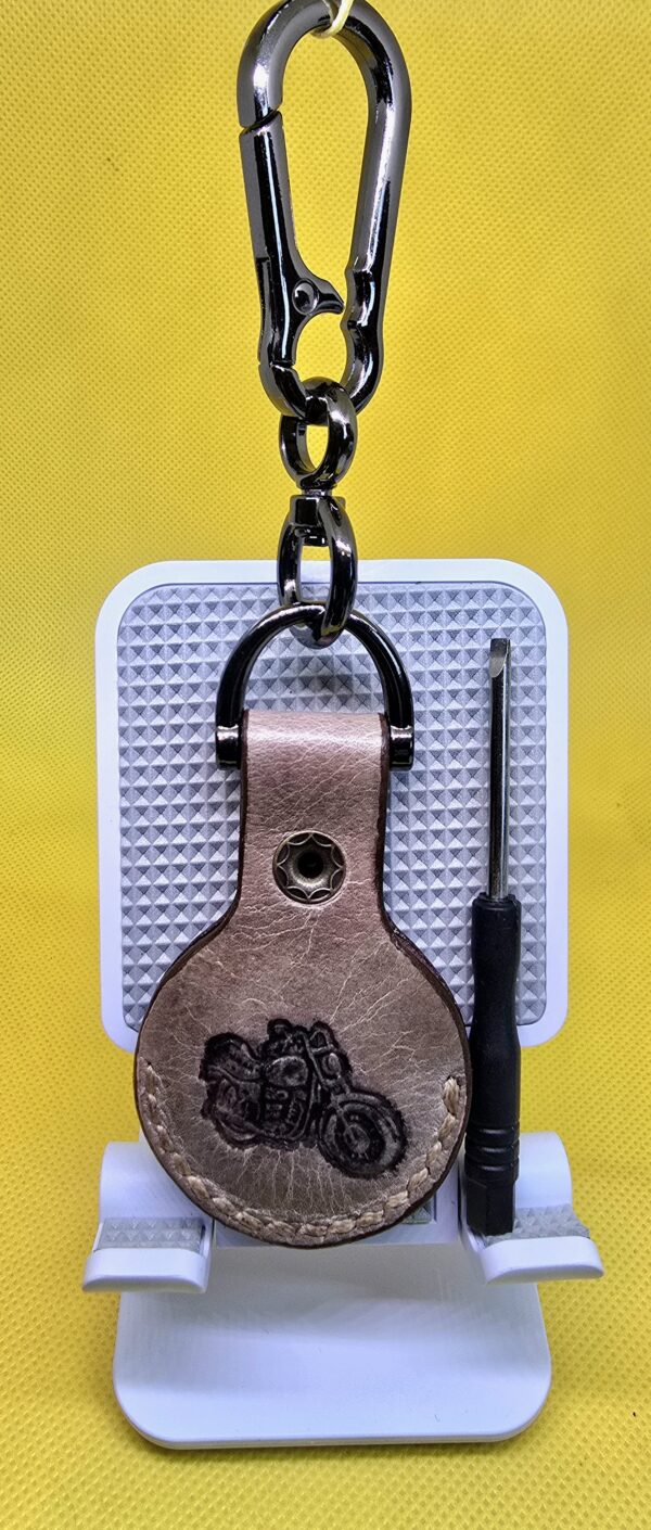 Brown Apple Air Tag Holder with Motorcycle Handcrafted from Premium Quality Veg-Tanned Leather
