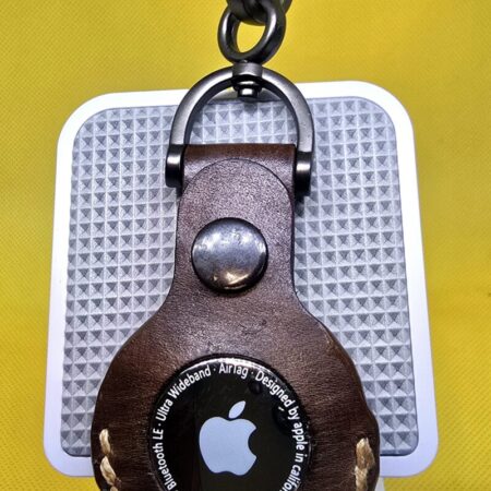 Brown leather apple air tag on a lobster clasp keychain AT14B