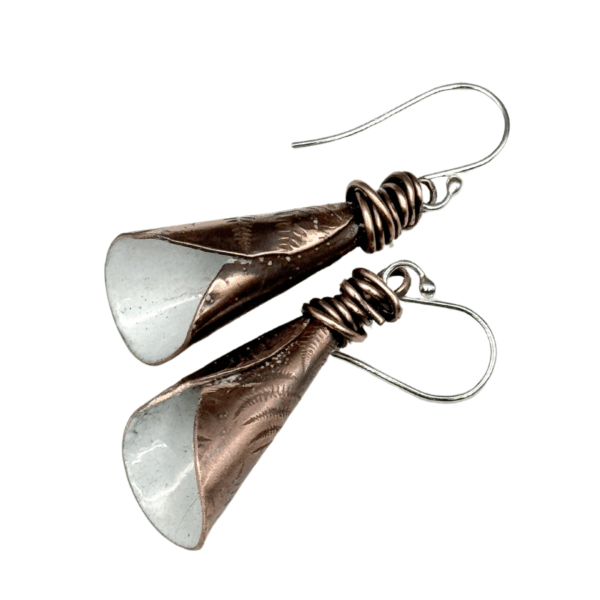 White Calla Lily Earrings - Copper & Enamel Floral Dangles