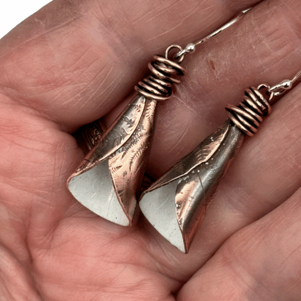 White Calla Lily Earrings - Copper & Enamel Floral Dangles