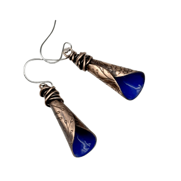 Yacht Blue Calla Lily Earrings - Copper & Enamel Floral Dangles