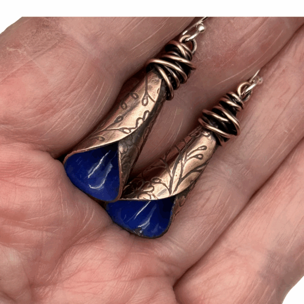Yacht Blue Calla Lily Earrings - Copper & Enamel Floral Dangles