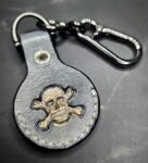 Charcoal Gray Apple Air Tag Holder with Skull and Crossbones Handcrafted from Premium Quality Veg-Tanned Leather