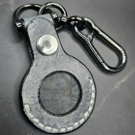 Charcoal Gray Leather Apple Air Tag Case on Lobster Clasp Keychain by JnRcreativeCrafts