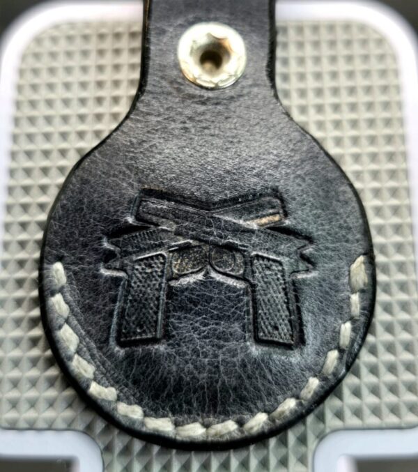 Charcoal Gray Guns Stamped Apple AirTag Holder Handcrafted from Premium Quality Veg-Tanned Leather
