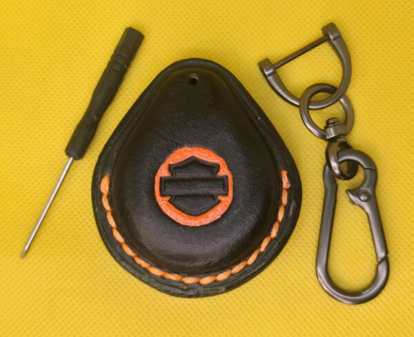 Black Premium Veg-tan Leather Harley Davidson Key Fob Case with Orange Stitching