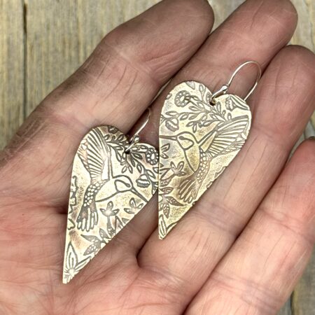 Handmade NuGold Heart Earrings Hummingbird Design – Boho Shabby Chic Dangles