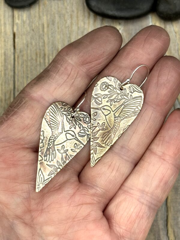 Handmade NuGold Heart Earrings Hummingbird Design – Boho Shabby Chic Dangles