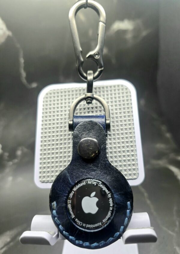 Navy Motorcycle stamped Apple AirTag Holder Handcrafted from Premium Quality Veg-Tanned Leather