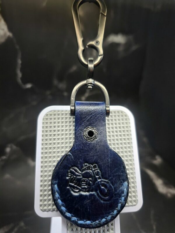 Navy Motorcycle stamped Apple AirTag Holder Handcrafted from Premium Quality Veg-Tanned Leather
