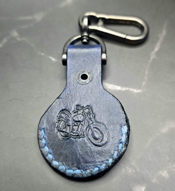 Navy Motorcycle stamped Apple AirTag Holder Handcrafted from Premium Quality Veg-Tanned Leather