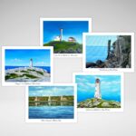 5 notecards each with a white border. Cape Forchu Lighthouse, Peggy's Cove Lighthouse, Louisbourg Lighthouse, The Balancing Rock and Three Churches.