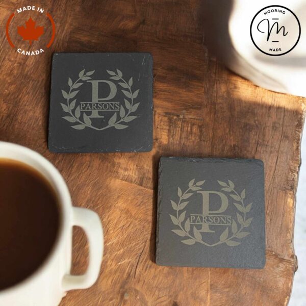 Monogram Laurel Crest Slate Coasters- Set of 4