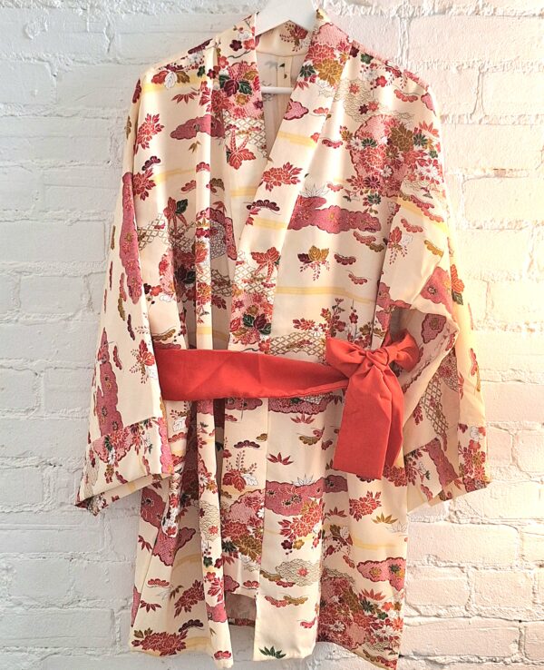 Kimono Jacket (Short Robe) made of Japanese Vintage Kimono Fabric relaxing home wear or beach gown with belt one size upcycling