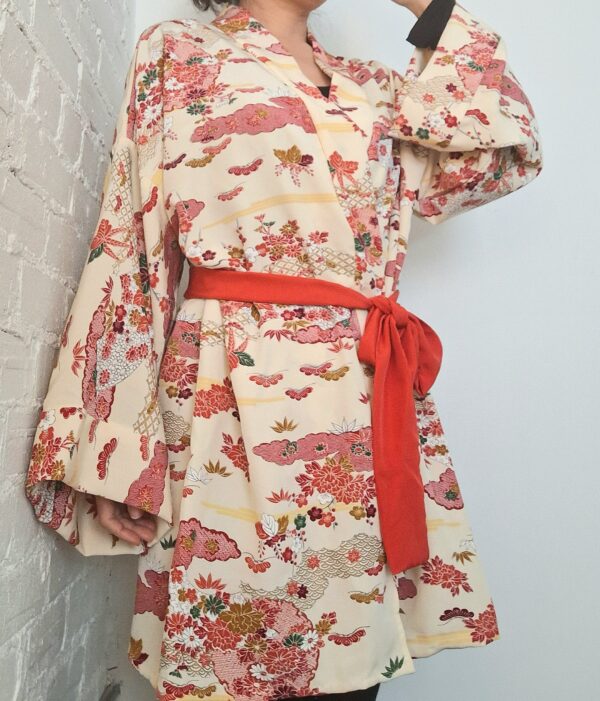 Kimono Jacket (Short Robe) made of Japanese Vintage Kimono Fabric relaxing home wear or beach gown with belt one size upcycling