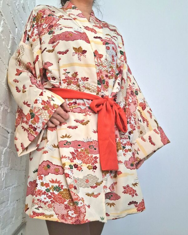 Kimono Jacket (Short Robe) made of Japanese Vintage Kimono Fabric relaxing home wear or beach gown with belt one size upcycling