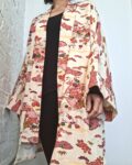 Kimono Jacket (Short Robe) made of Japanese Vintage Kimono Fabric relaxing home wear or beach gown with belt one size upcycling