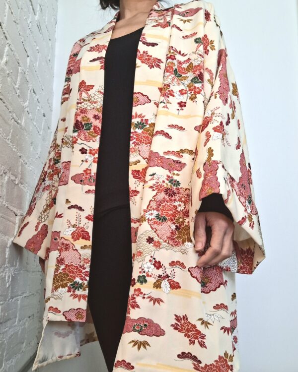 Kimono Jacket (Short Robe) made of Japanese Vintage Kimono Fabric relaxing home wear or beach gown with belt one size upcycling