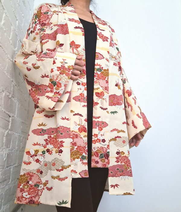 Kimono Jacket (Short Robe) made of Japanese Vintage Kimono Fabric relaxing home wear or beach gown with belt one size upcycling
