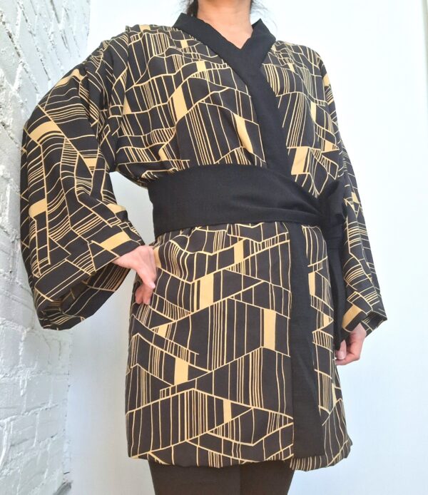 Kimono Jacket (Short Robe) made with Japanese Vintage Kimono Fabric Antique Kimono Gown Retro Black Relaxing upcycling home gown beach wear
