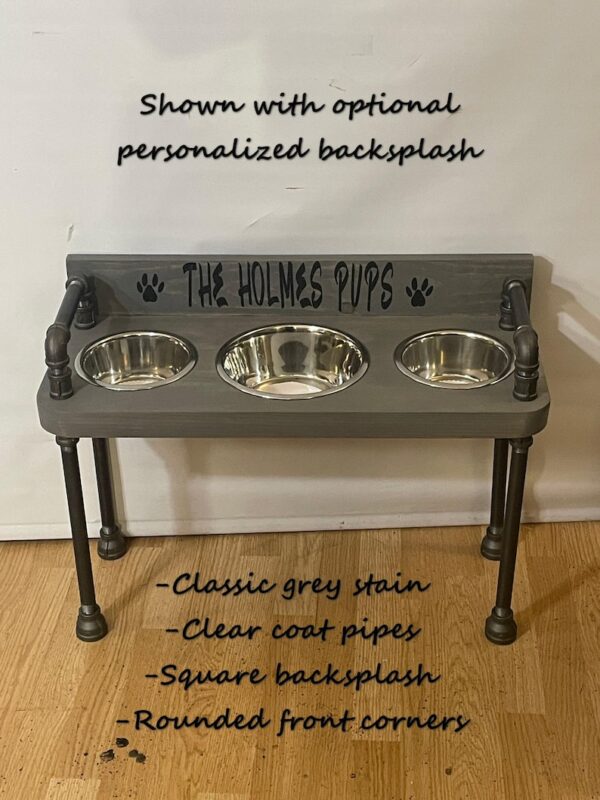 3 bowl dog bowl stand - raised dog bowl stand- Tall Dog bowl stand with stylish backsplash-Tall dog bowl stand