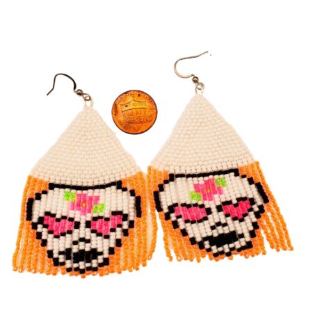 seed bead fringe fun spooky season sugar skull earrings