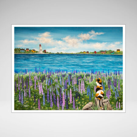 A print with a white border of a calico cat sitting on a stump in a field of lupines. It is looking out over a harbour towards a lighthouse and some shanties along the shore.